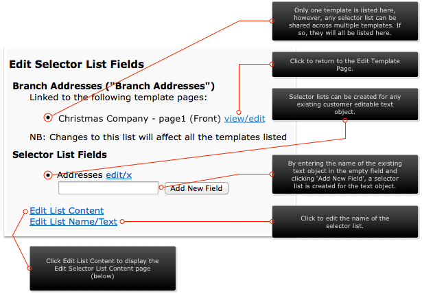 Edit Selector List Fields Page